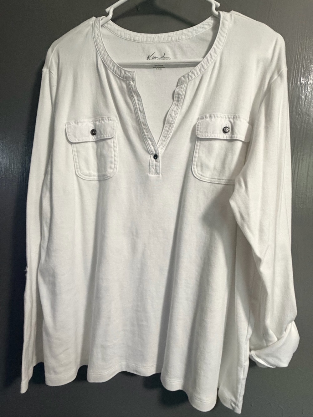 Kim Rogers White Long-Sleeve Henley with Chest Pockets 1X